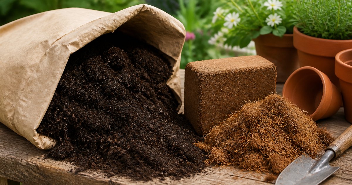 Peat-free multipurpose compost bag beside a compressed coco coir brick and expanded coir on a potting bench