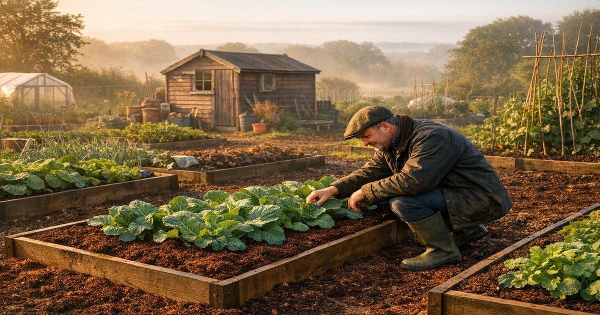 A UK grower tending raised beds in a peat-free vegetable plot at dawn
