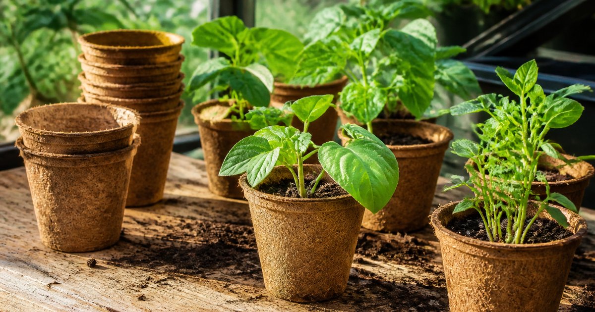 Biodegradable coco coir seed pots with young seedlings on a greenhouse potting bench