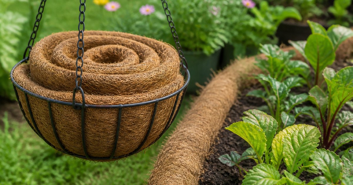 Coco coir log liner in a hanging basket and a coir log edging a garden border — Blue Apple Garden guide