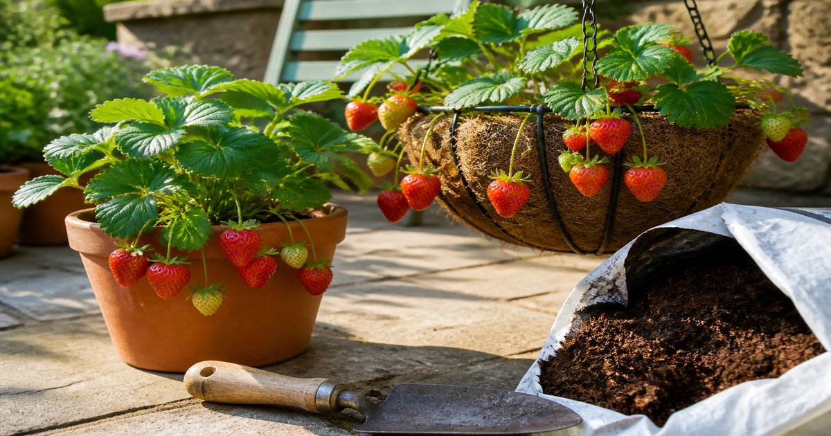 Ripe strawberries growing in a terracotta pot and a hanging basket beside an open bag of coco coir potting mix