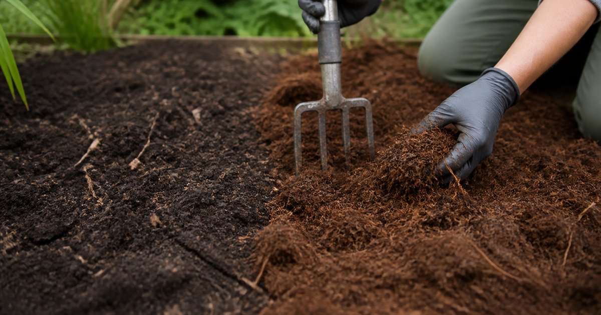 Gloved hands forking fluffy coco coir into dark garden bed soil with a garden fork