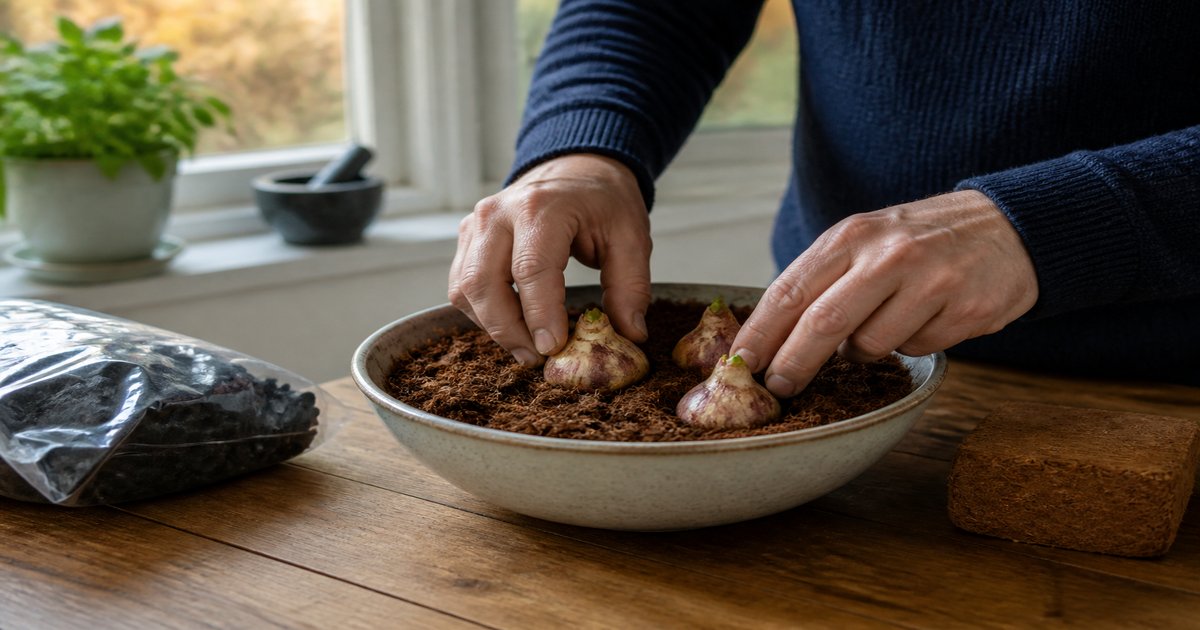 Hyacinth bulbs being planted in a bowl of coco coir bulb fibre on a wooden table