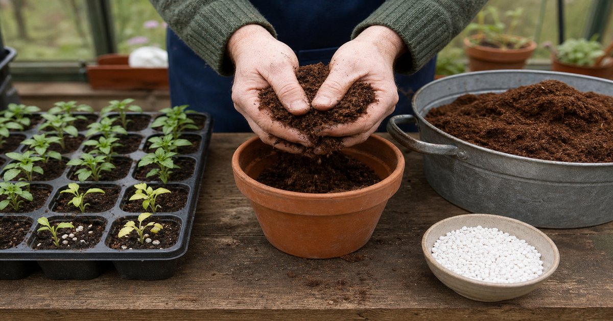 Gardener squeezing moist coco coir over a terracotta pot beside a seed tray with some pale seedlings and a bowl of perlite