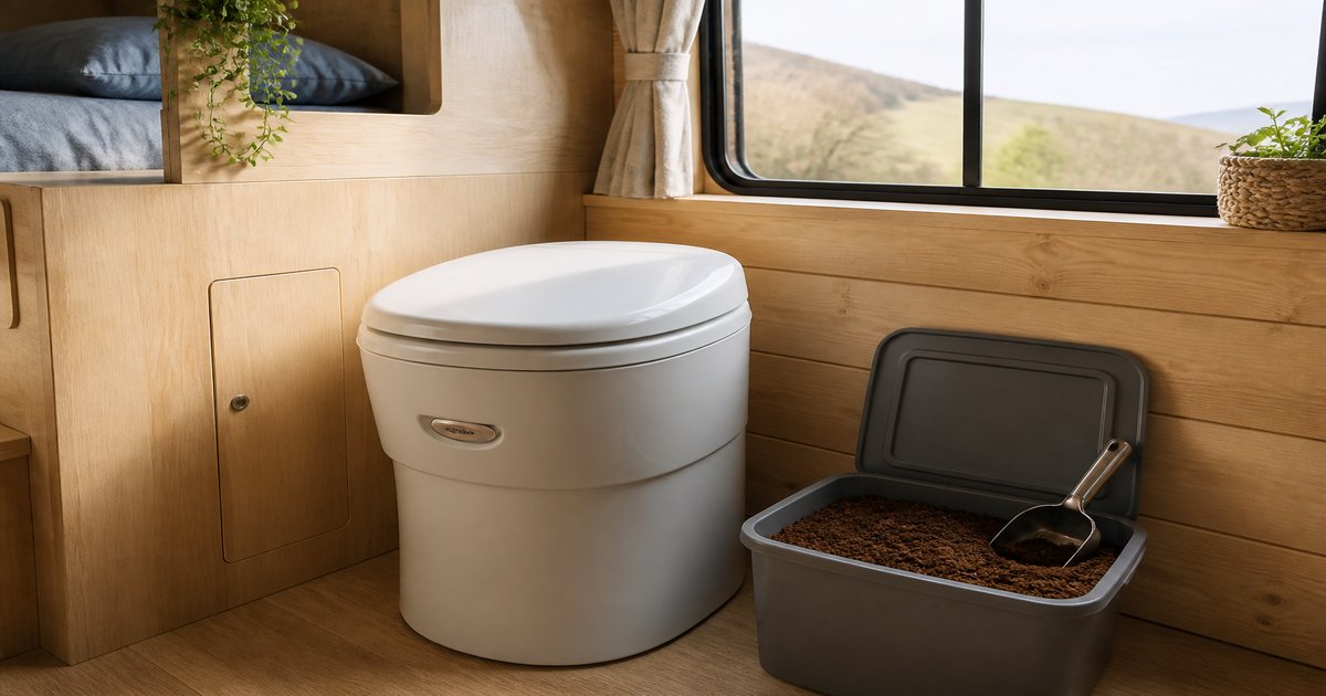 Tub of damp expanded coco coir with a scoop beside a compact composting toilet in a campervan