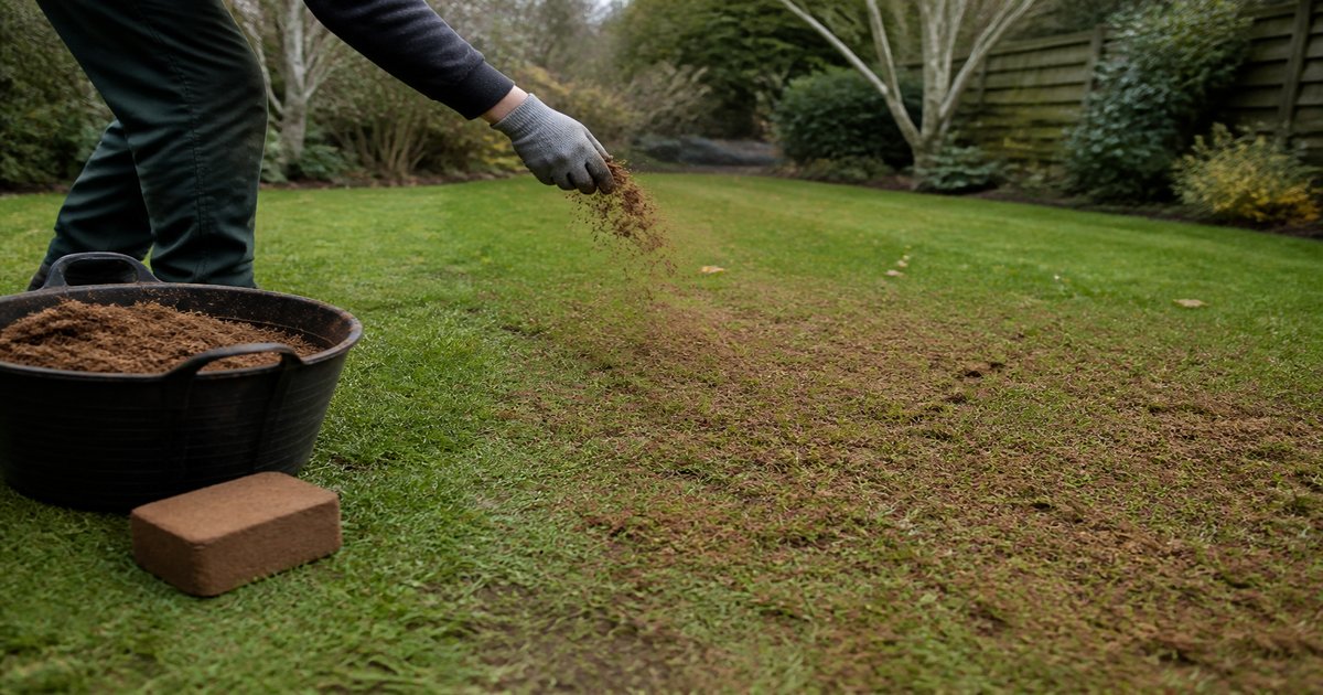 Gardener scattering a thin layer of coco coir over freshly sown grass seed on a UK lawn in autumn