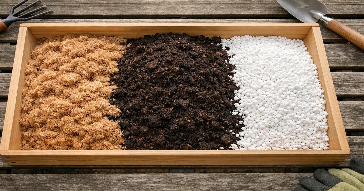 Overhead view of coco coir, garden compost and perlite ready to mix into a soil blend — Blue Apple Garden