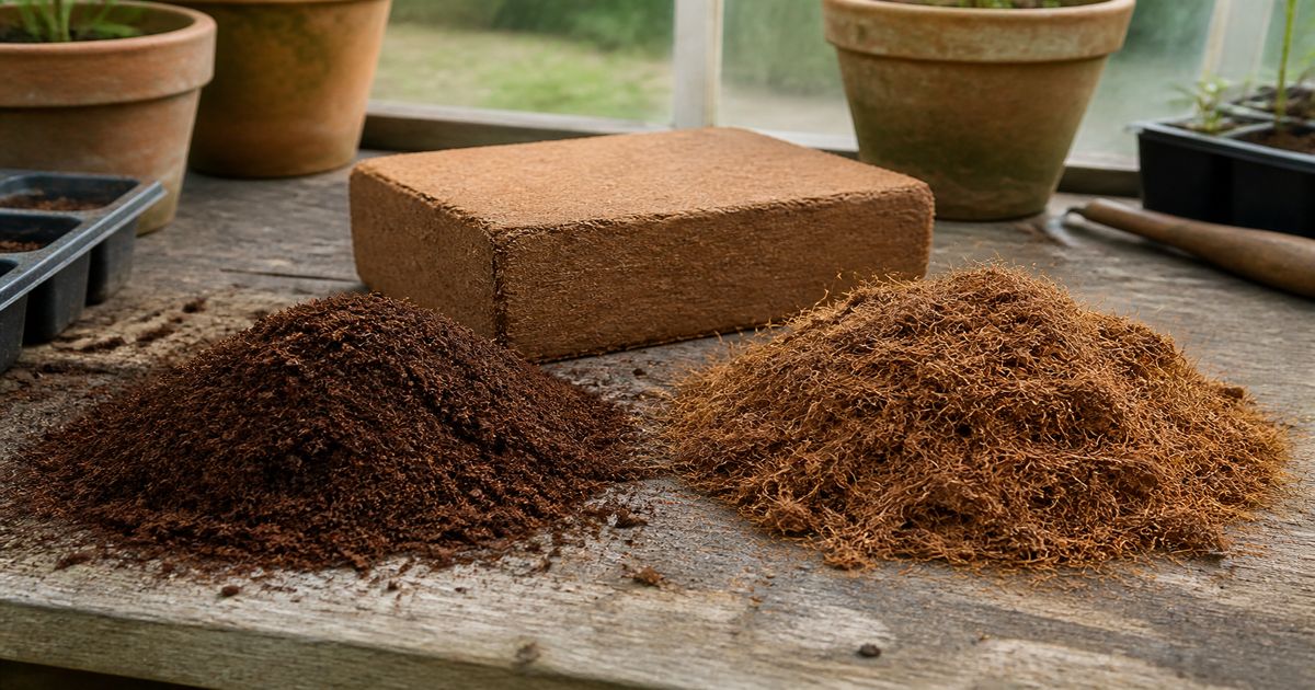 Fine coco peat pith and coarser coconut coir fibre side by side on a potting bench with a compressed coir brick behind them