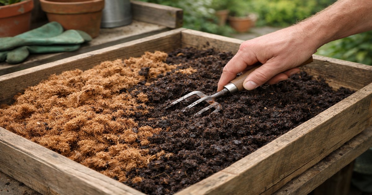 Coco coir being mixed with dark garden compost in a wooden tub on a UK garden bench — Blue Apple Garden