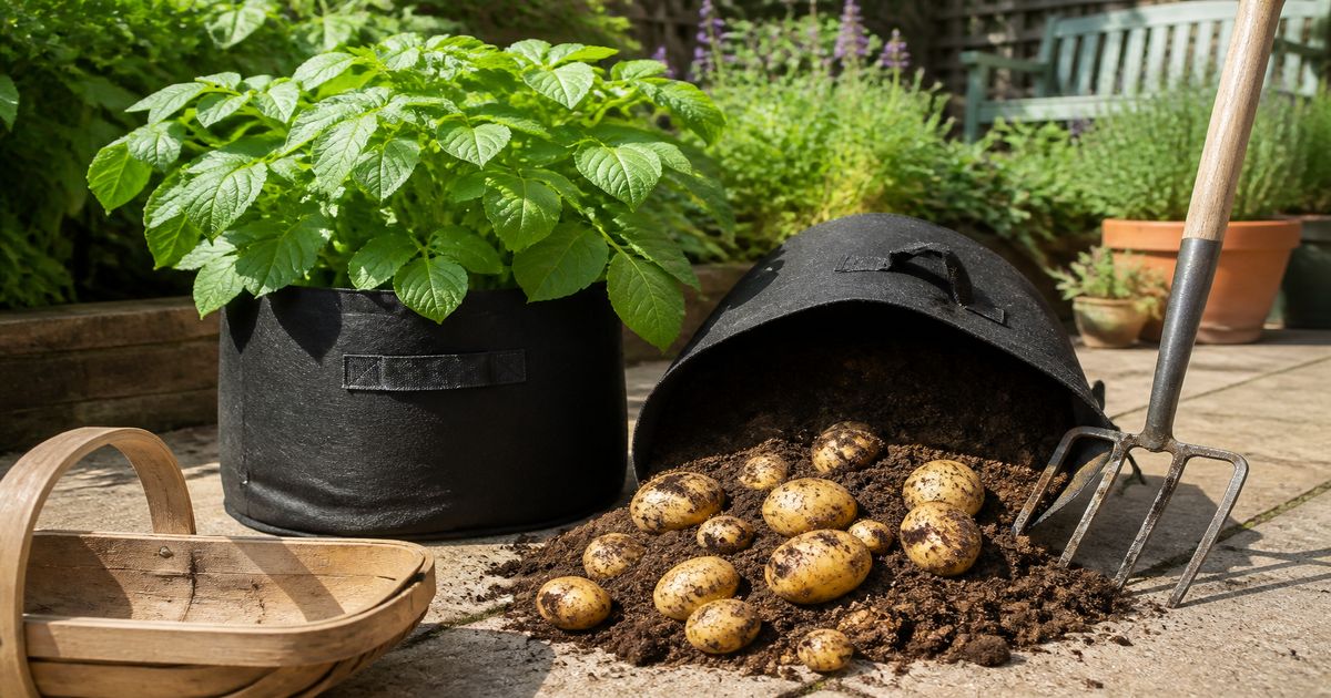 Potato grow bags on a sunny patio, one tipped out to show new potatoes in dark coco coir compost