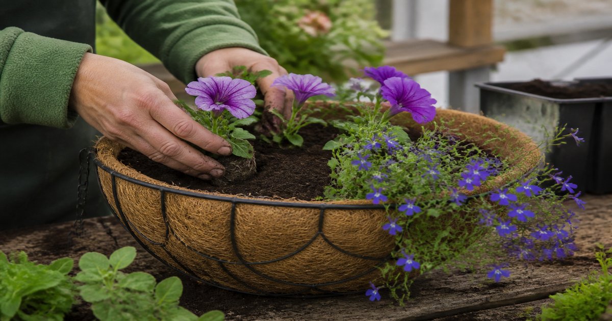 Hands planting petunias and trailing lobelia into a coco-lined wire hanging basket filled with coco coir compost