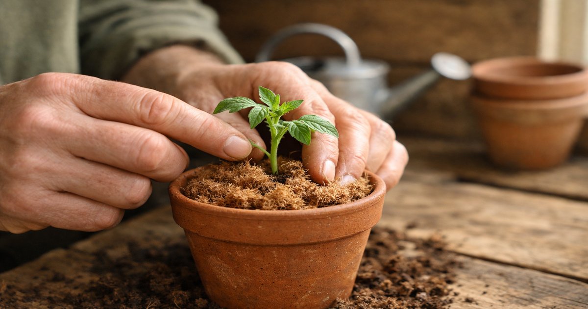 UK gardener planting tomato seedlings into expanded coco coir on a wooden potting bench — Blue Apple Garden