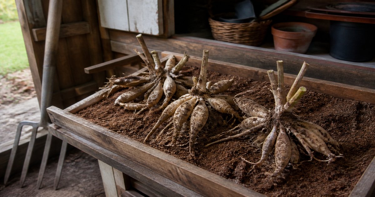 Lifted dahlia tubers laid in a tray of dry coco coir on a potting bench in a garden shed