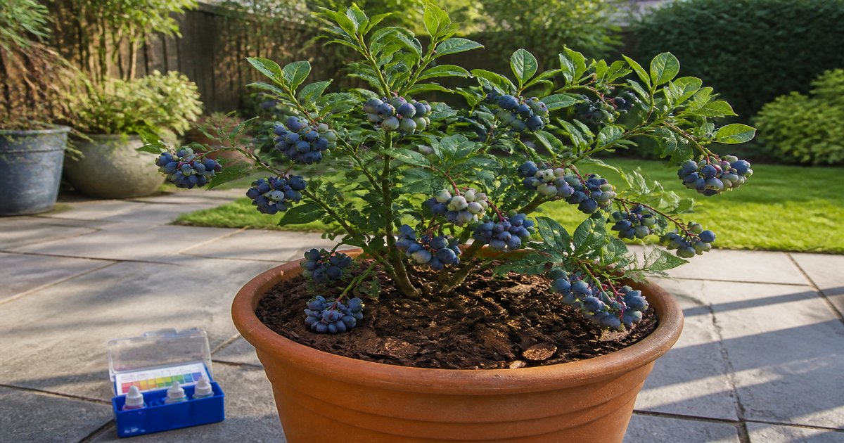 Blueberry bush with ripe fruit in a terracotta pot mulched with coir and pine bark, pH test kit beside it