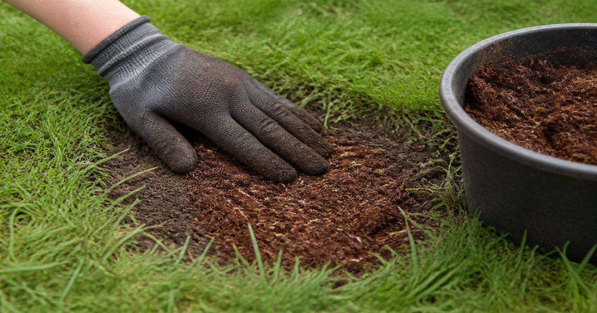 Gloved hand pressing a damp coco coir and grass seed mix into a bare patch in a UK lawn