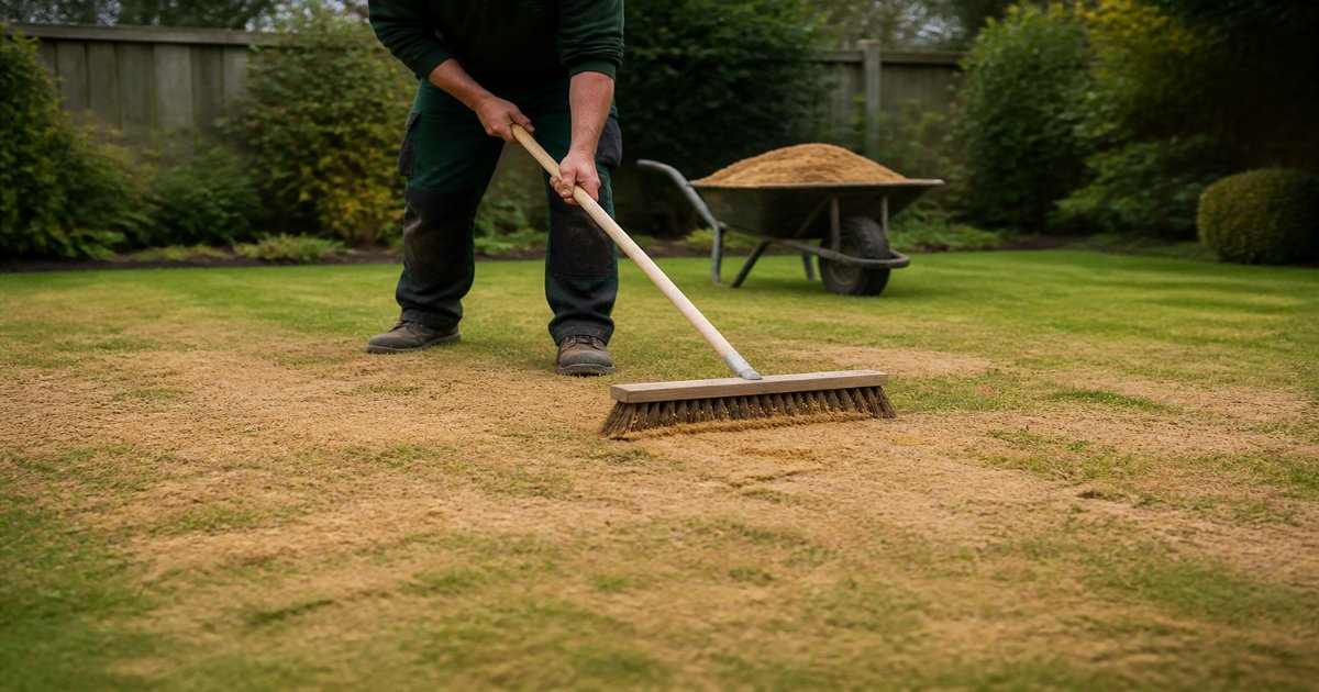 Gardener working a sand and coco coir top dressing into a scarified UK lawn with a stiff broom