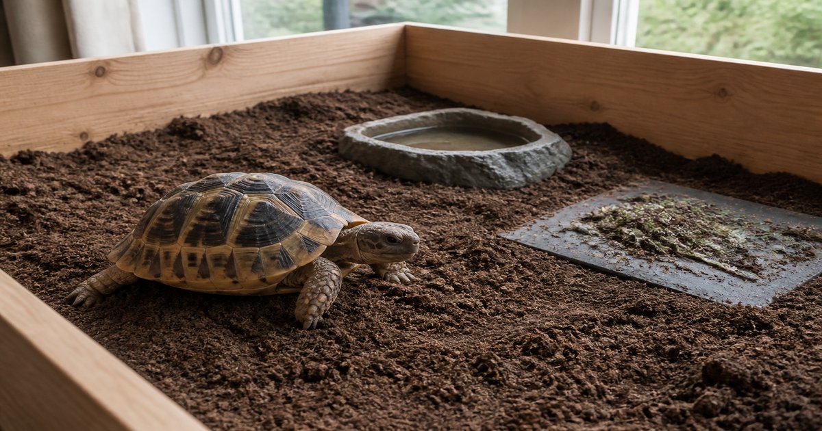Hermann's tortoise on a bed of topsoil, sand and coco coir in an indoor tortoise table