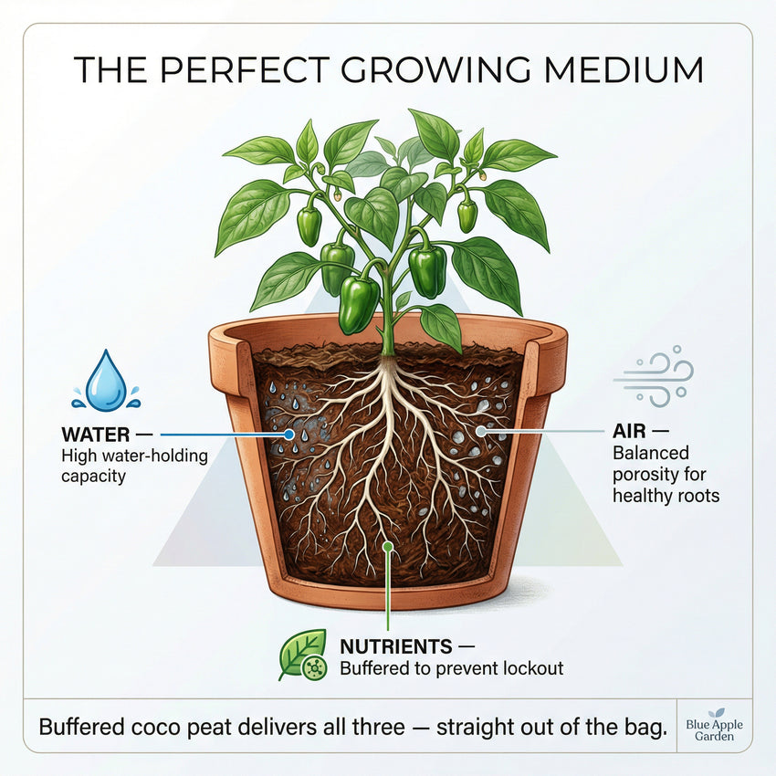 Buffered coco peat growing medium for seeds, seedlings and raised beds