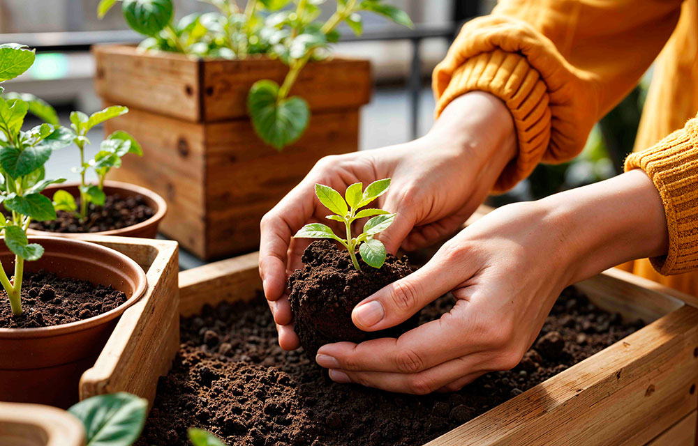 Professional grower planting seedlings in coco peat growing medium for trade and bulk orders