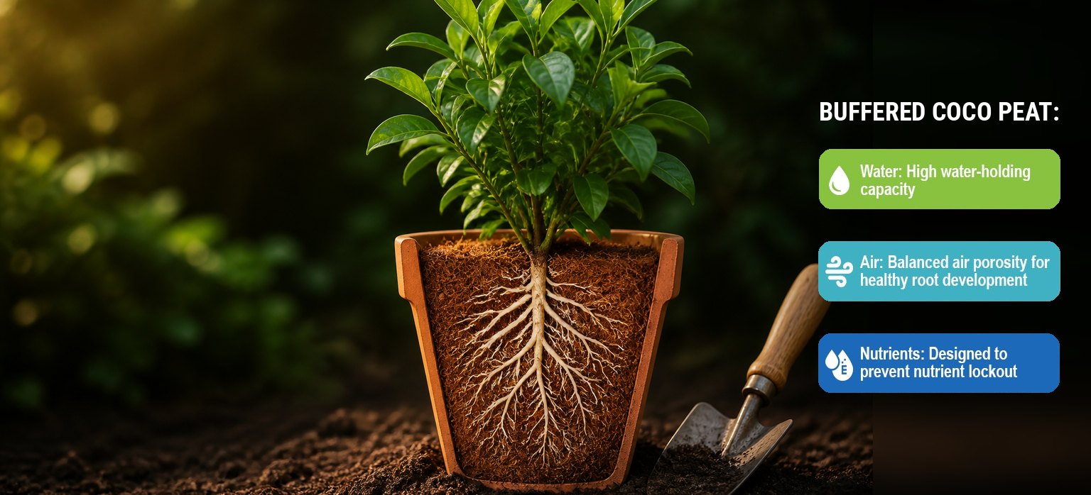 Cross-section terracotta pot showing healthy white roots in buffered coco coir with Water, Air and Nutrients benefit cards — Blue Apple Garden