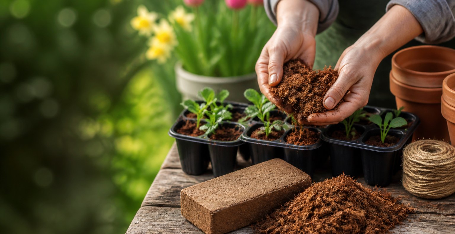 Hands crumbling expanded coco coir over seedling trays beside a compressed coir brick on a spring potting bench — Blue Apple Garden