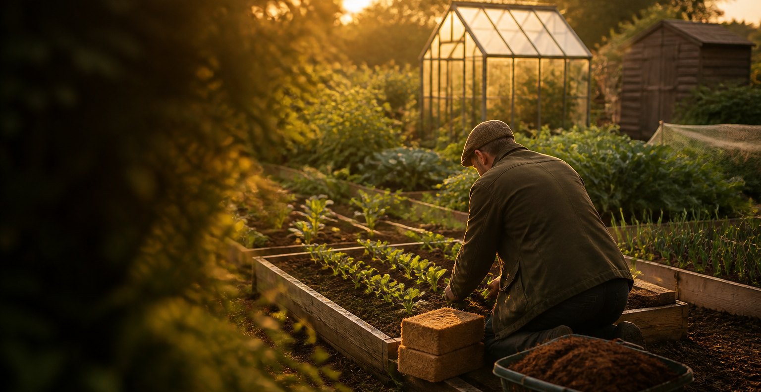 Gardener planting a raised bed on a British allotment with coco coir bricks, trug of coir, glasshouse and shed at golden hour — Blue Apple Garden